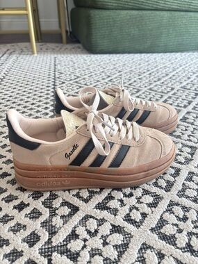Adidas Gazelle beige suede platform sneakers with black stripes